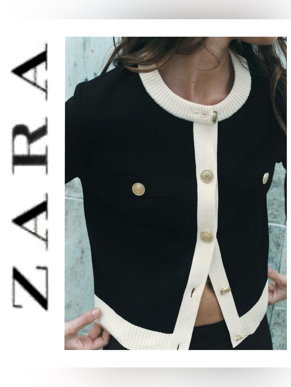 NEW Zara Black Knit Cardigan with Ivory Trim and Gold Buttons